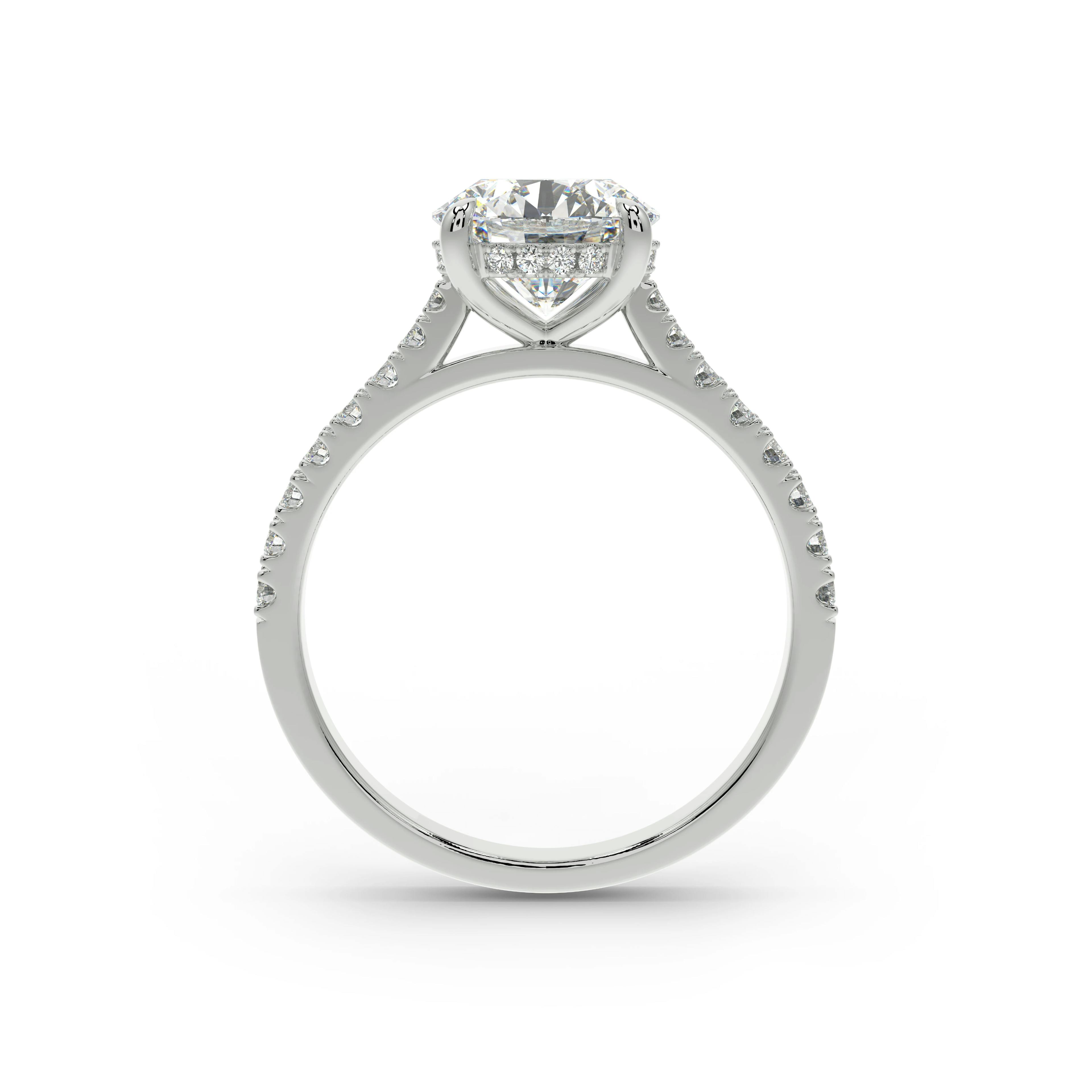 Rendered image of a diamond solitaire ring with a hidden halo and shoulder diamonds in White Gold