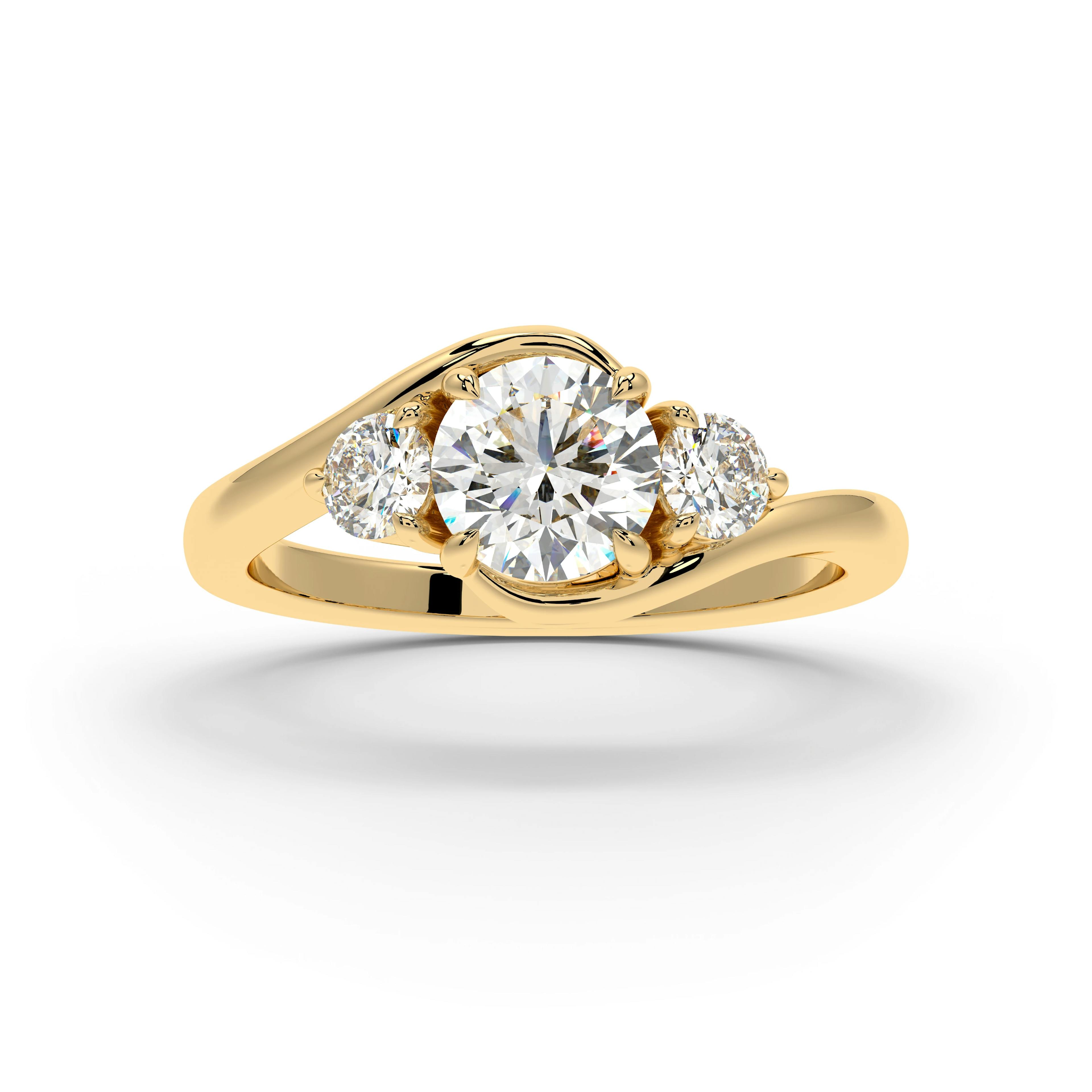 Rendered image of a 3 Stone diamond ring in Yellow Gold