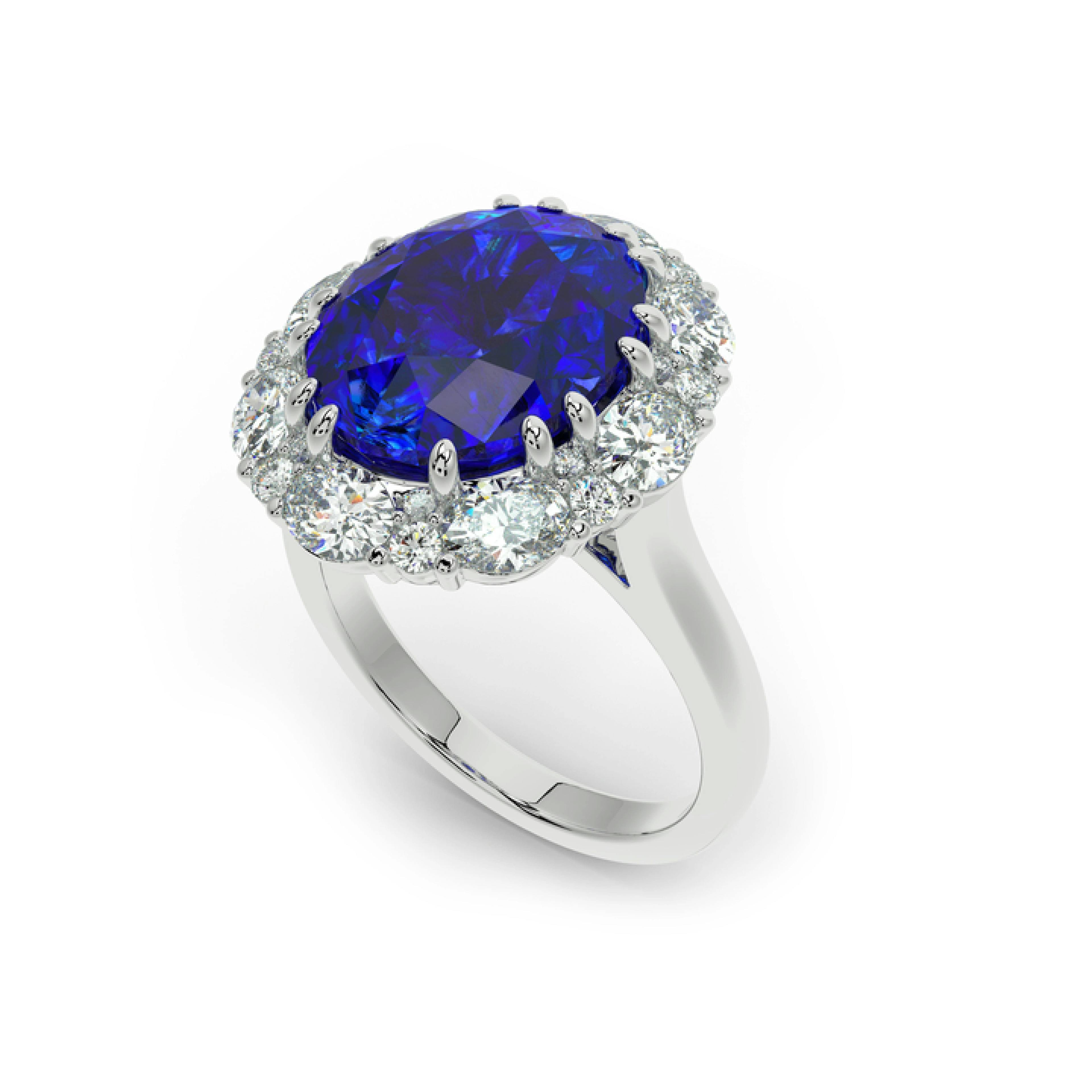 Rendered image of a Sapphire and Diamond Halo ring in White Gold