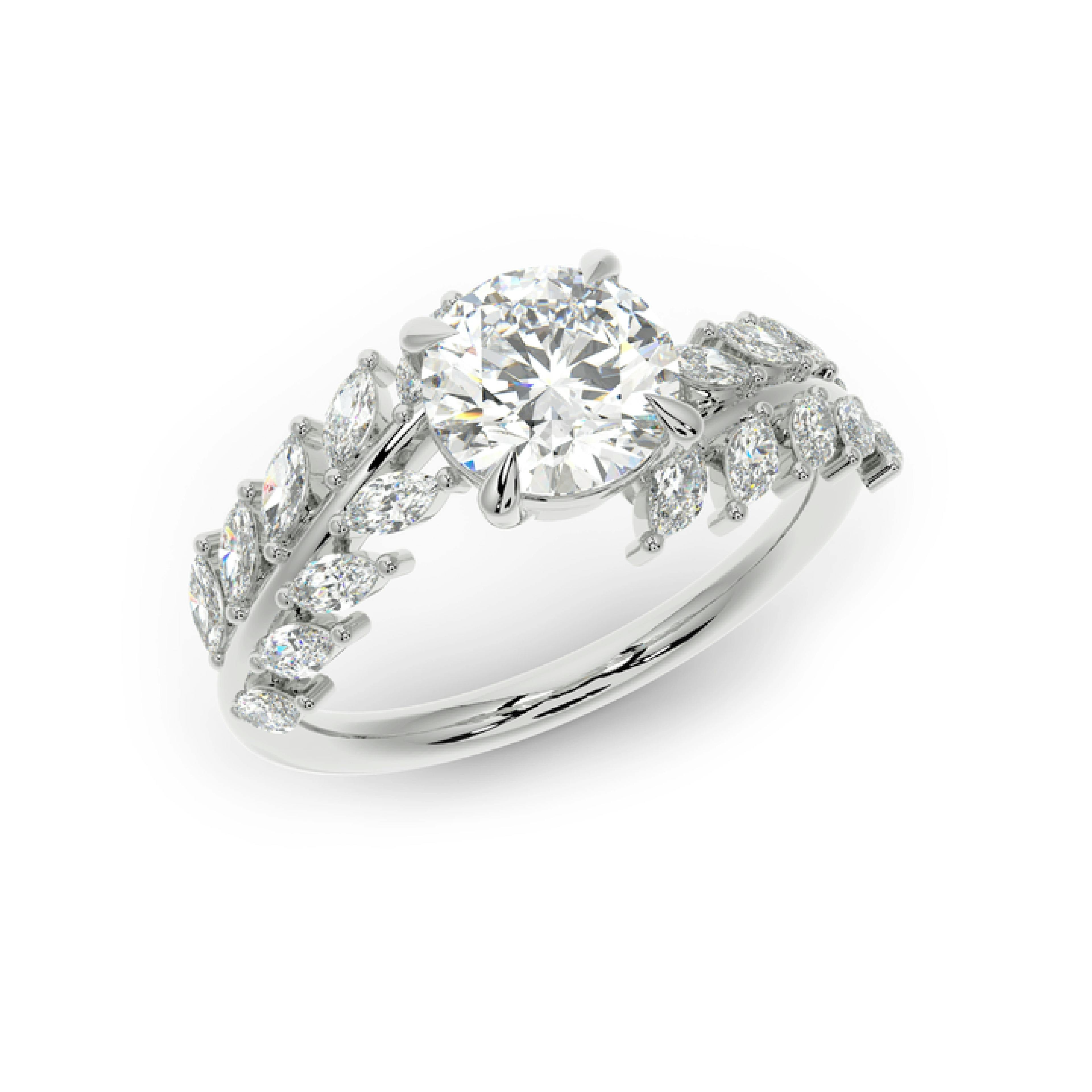Rendered image of a Solitaire Ring with Marquise shoulder diamonds in White Gold