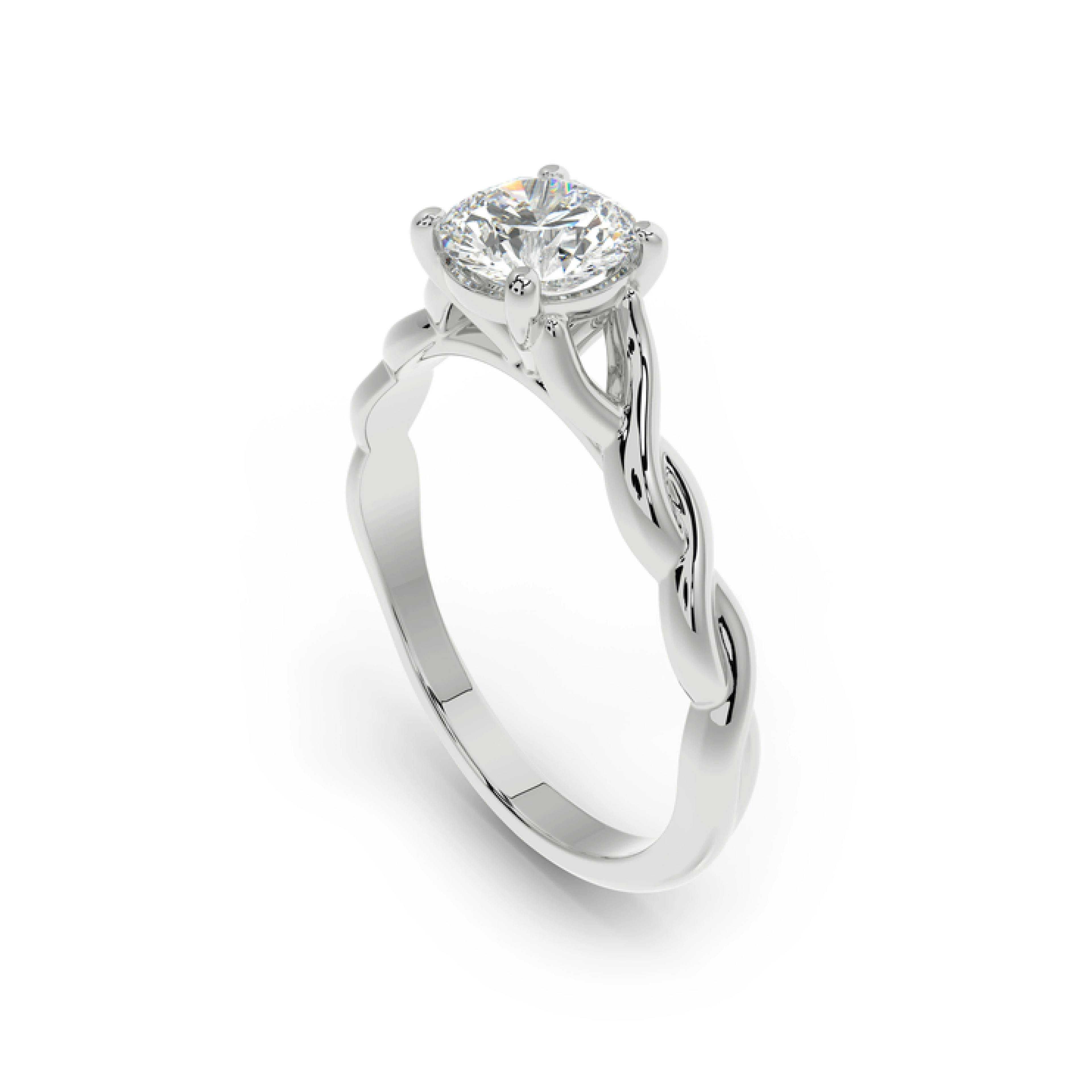 Rendered image of a diamond solitaire ring with a half twisted band in White Gold