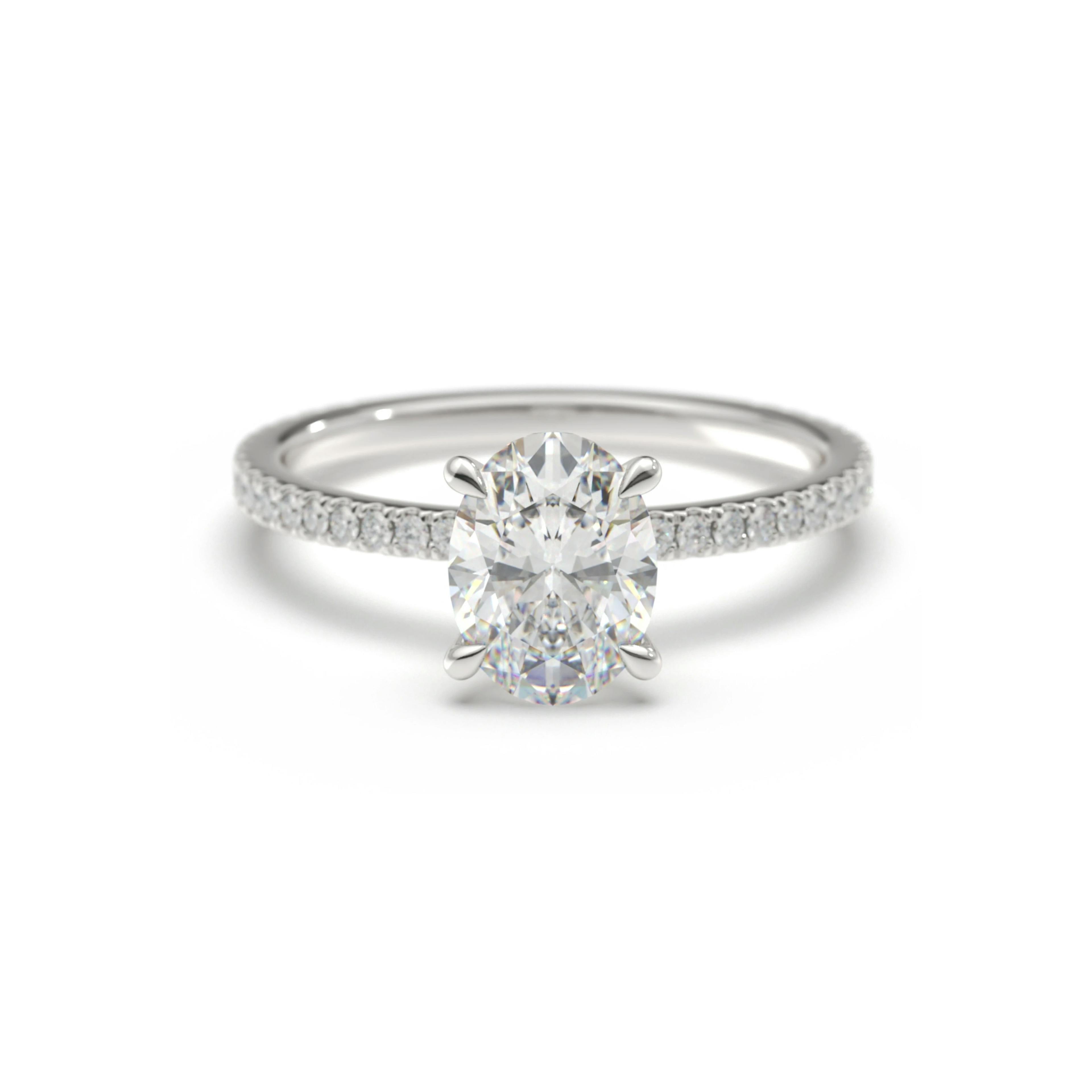 Rendered image of a diamond solitaire ring with a shoudler diamonds in White Gold